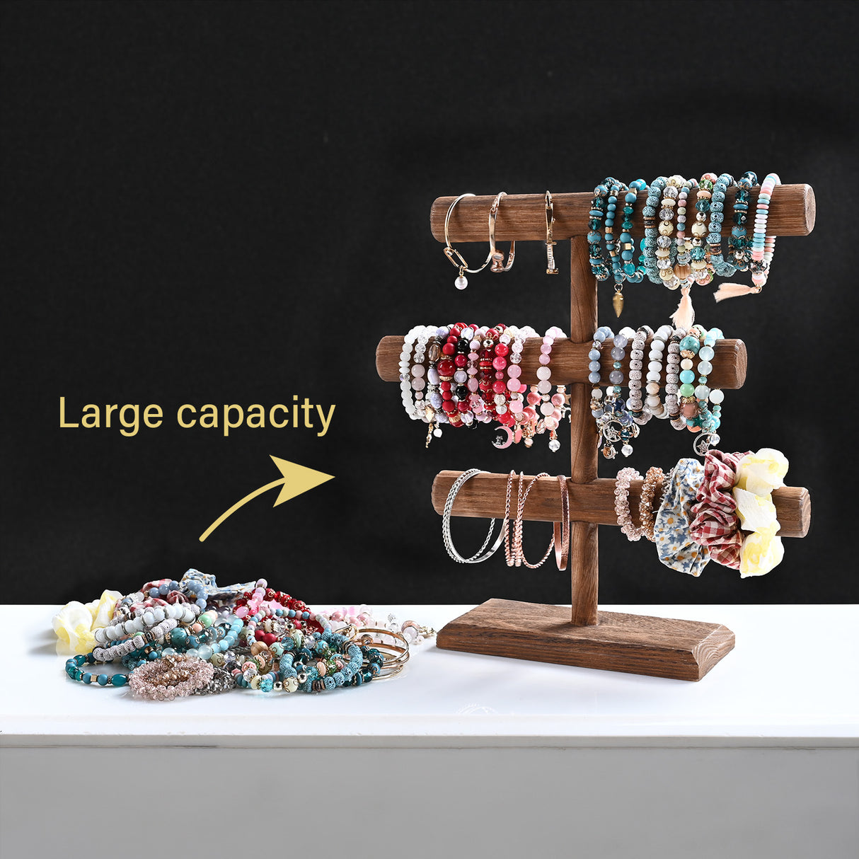 #WD2965-3 Free Assembly 3-Tier Wooden Jewelry Display Stand, Bracelets, Necklaces