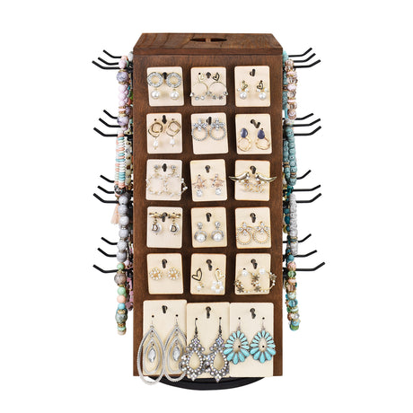 #WD4025BR Wooden Rotating Four-Sided Jewelry Pegboard Accessories Rack, Rotating Jewelry Display with a Lid for Large Inner Storage Space, 48 Removable Black Hooks, Brown Color