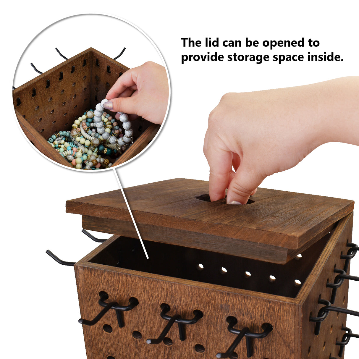 #WD4025BR Wooden Rotating Four-Sided Jewelry Pegboard Accessories Rack, Rotating Jewelry Display with a Lid for Large Inner Storage Space, 48 Removable Black Hooks, Brown Color