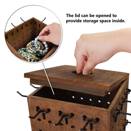 #WD4025BR Wooden Rotating Four-Sided Jewelry Pegboard Accessories Rack, Rotating Jewelry Display with a Lid for Large Inner Storage Space, 48 Removable Black Hooks, Brown Color
