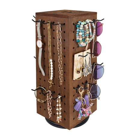 #WD4025BR Wooden Rotating Four-Sided Jewelry Pegboard Accessories Rack, Rotating Jewelry Display with a Lid for Large Inner Storage Space, 48 Removable Black Hooks, Brown Color