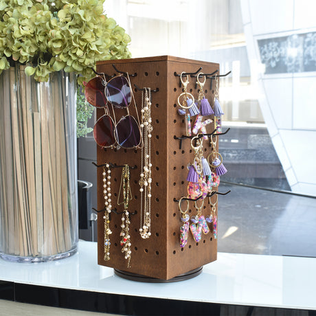 #WD4025BR Wooden Rotating Four-Sided Jewelry Pegboard Accessories Rack, Rotating Jewelry Display with a Lid for Large Inner Storage Space, 48 Removable Black Hooks, Brown Color