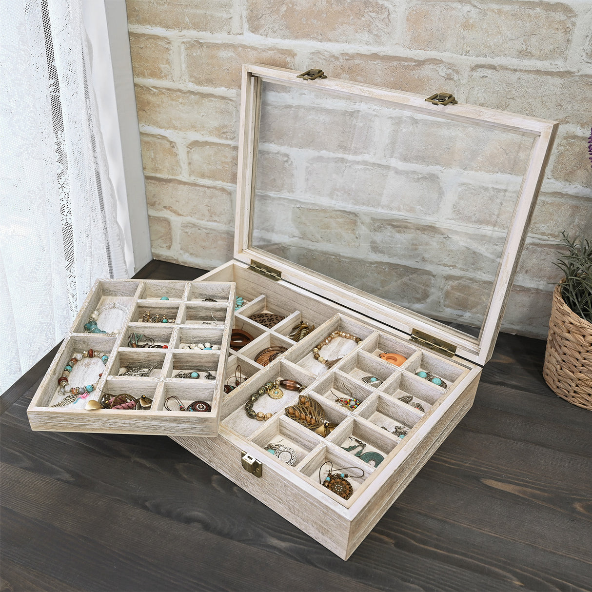 #WD423 Tempered Glass Jewelry Display Box Organizer, Two-Layer Jewelry Display Case for Necklaces, Earrings, Bracelets, Rings - Elegant Jewelry Storage Solution