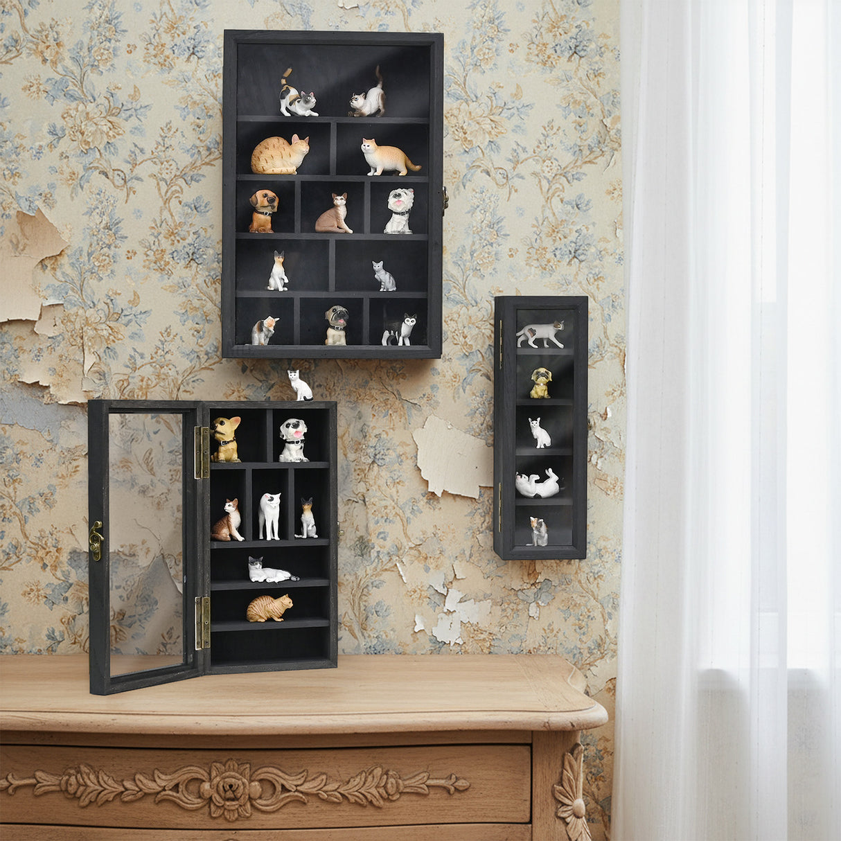 #WD5793 3-Pc Wall-Mounted Wooden Cubby Display Shelf with Glass Door