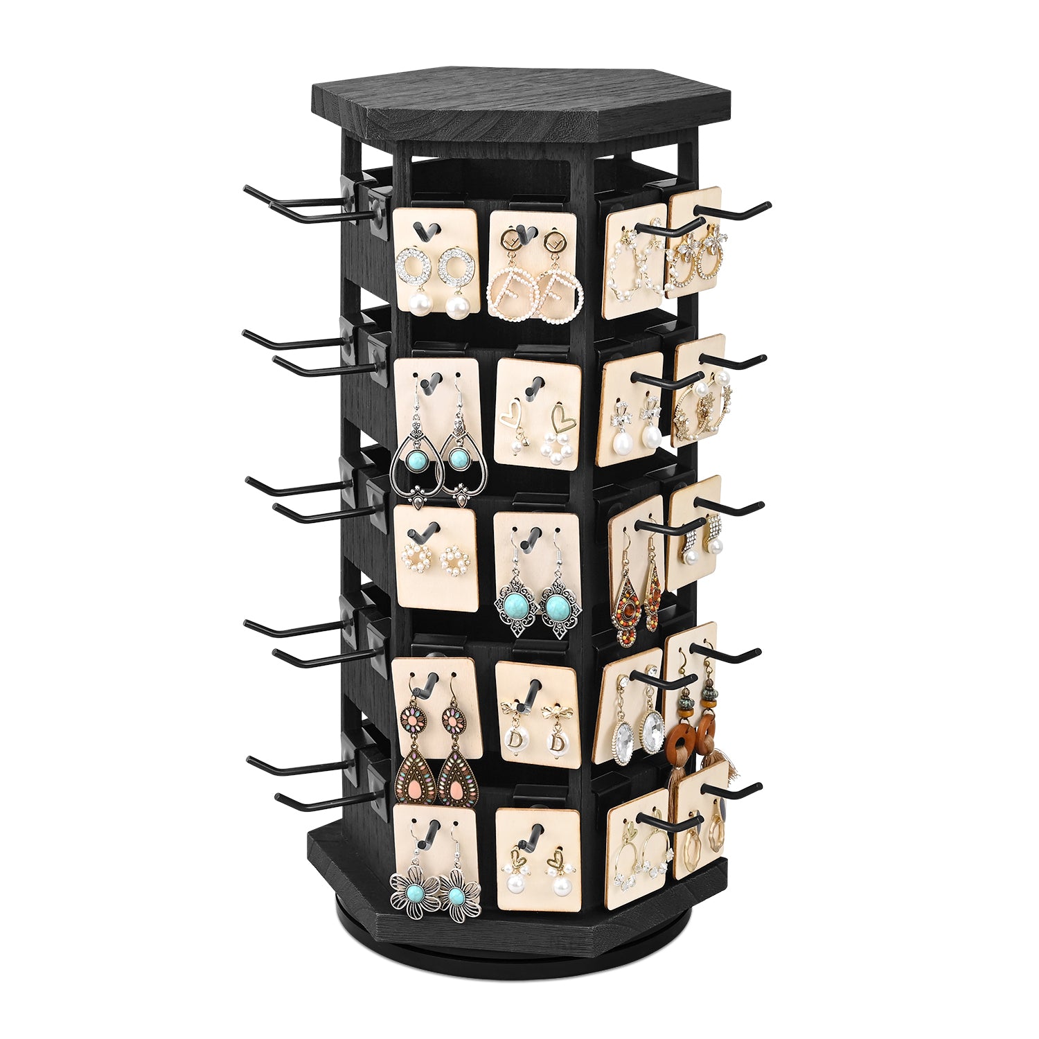 #WD6020 Natural Wood Hexagon Rotating Jewelry Tower