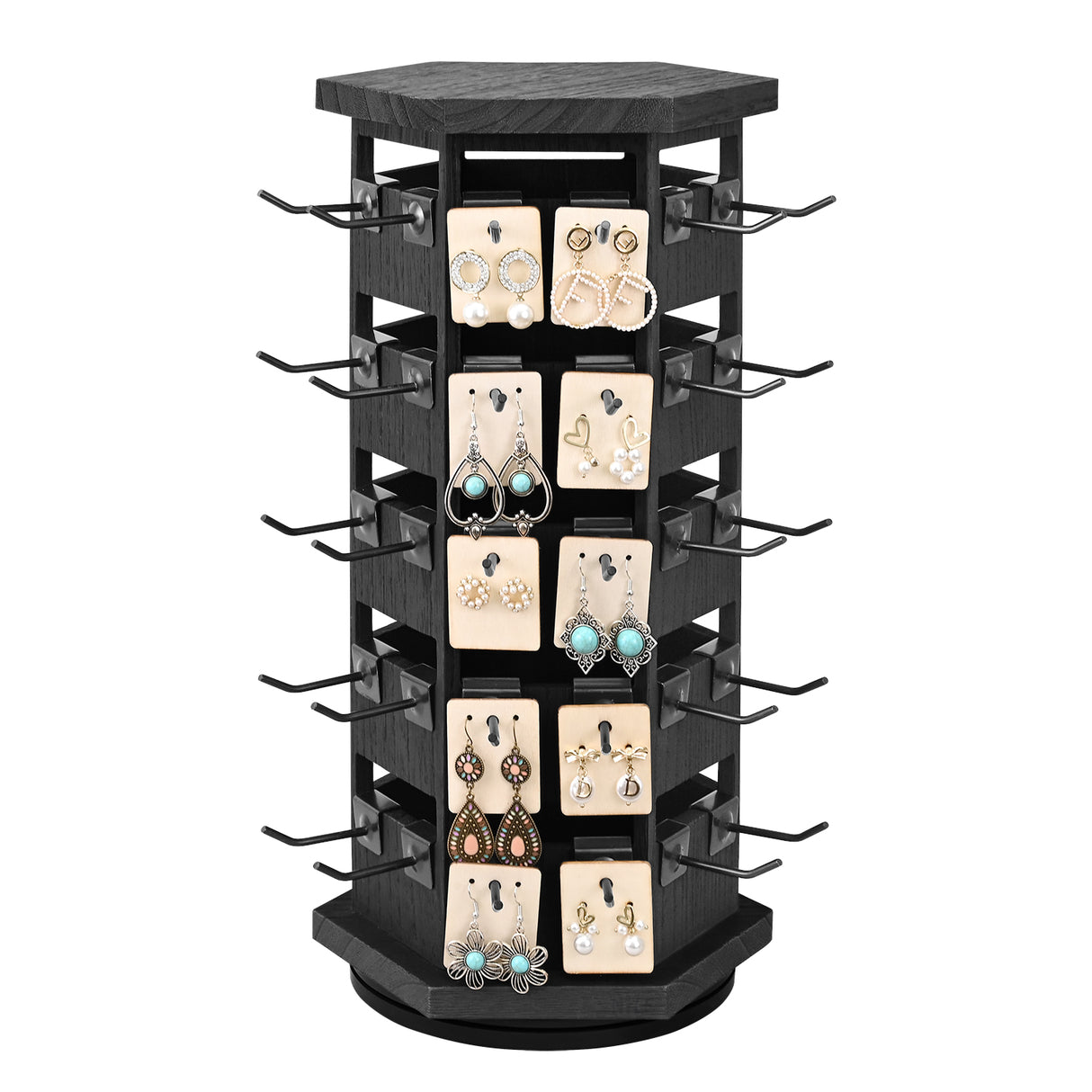 #WD6020 Natural Wood Hexagon Rotating Jewelry Tower