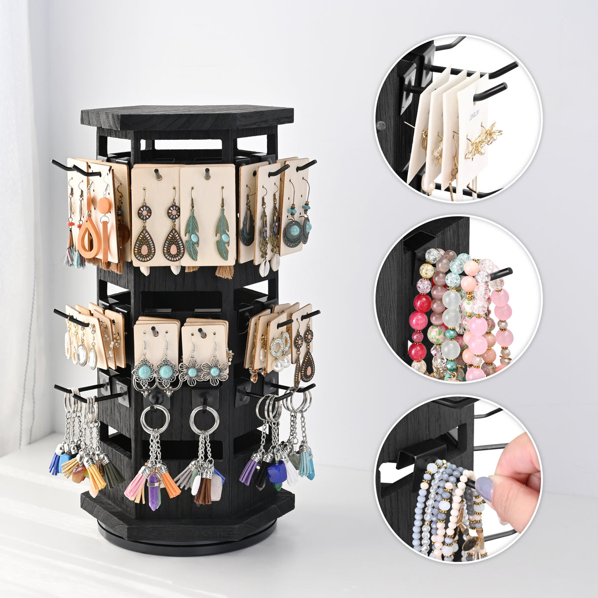 #WD6020 Natural Wood Hexagon Rotating Jewelry Tower