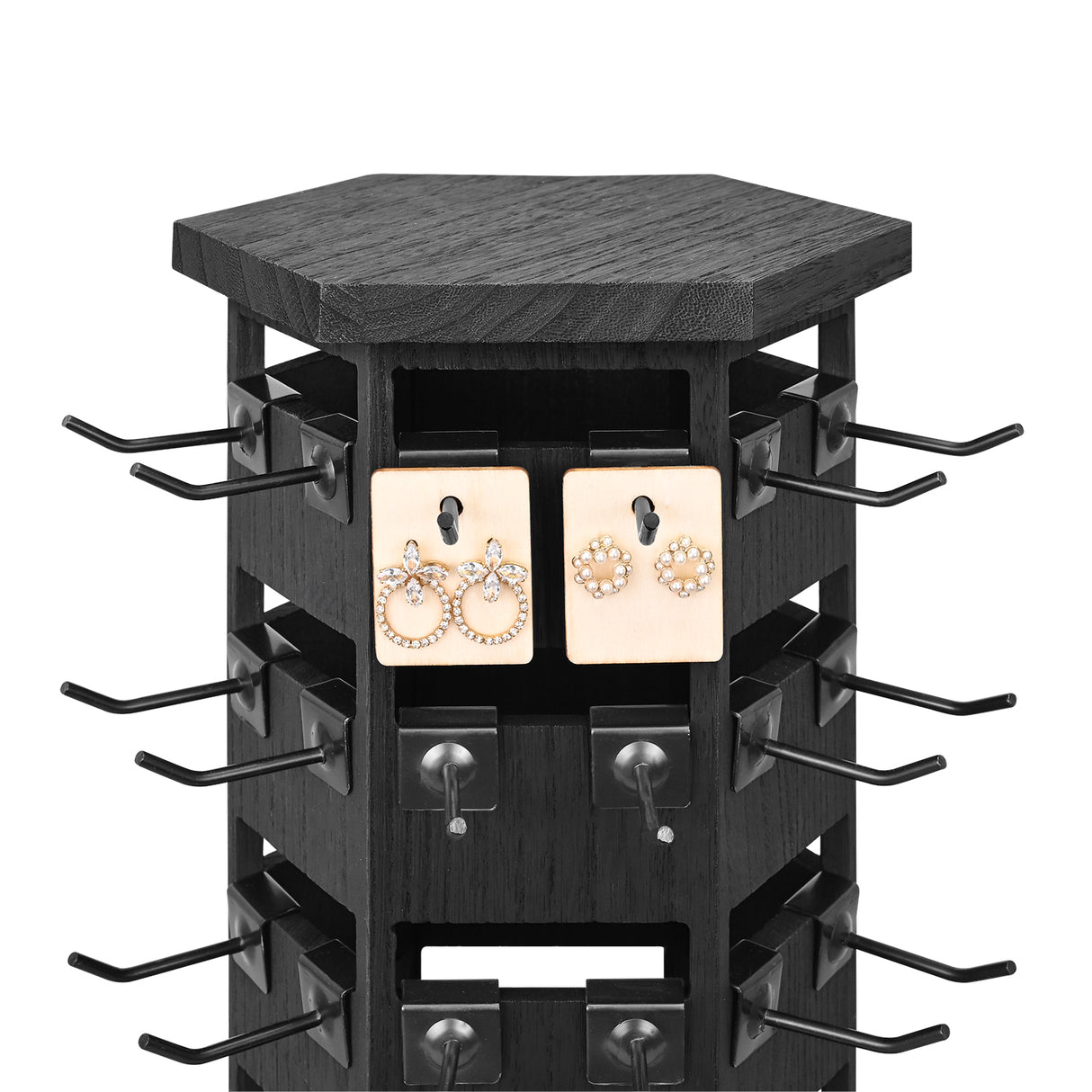 #WD6020 Natural Wood Hexagon Rotating Jewelry Tower