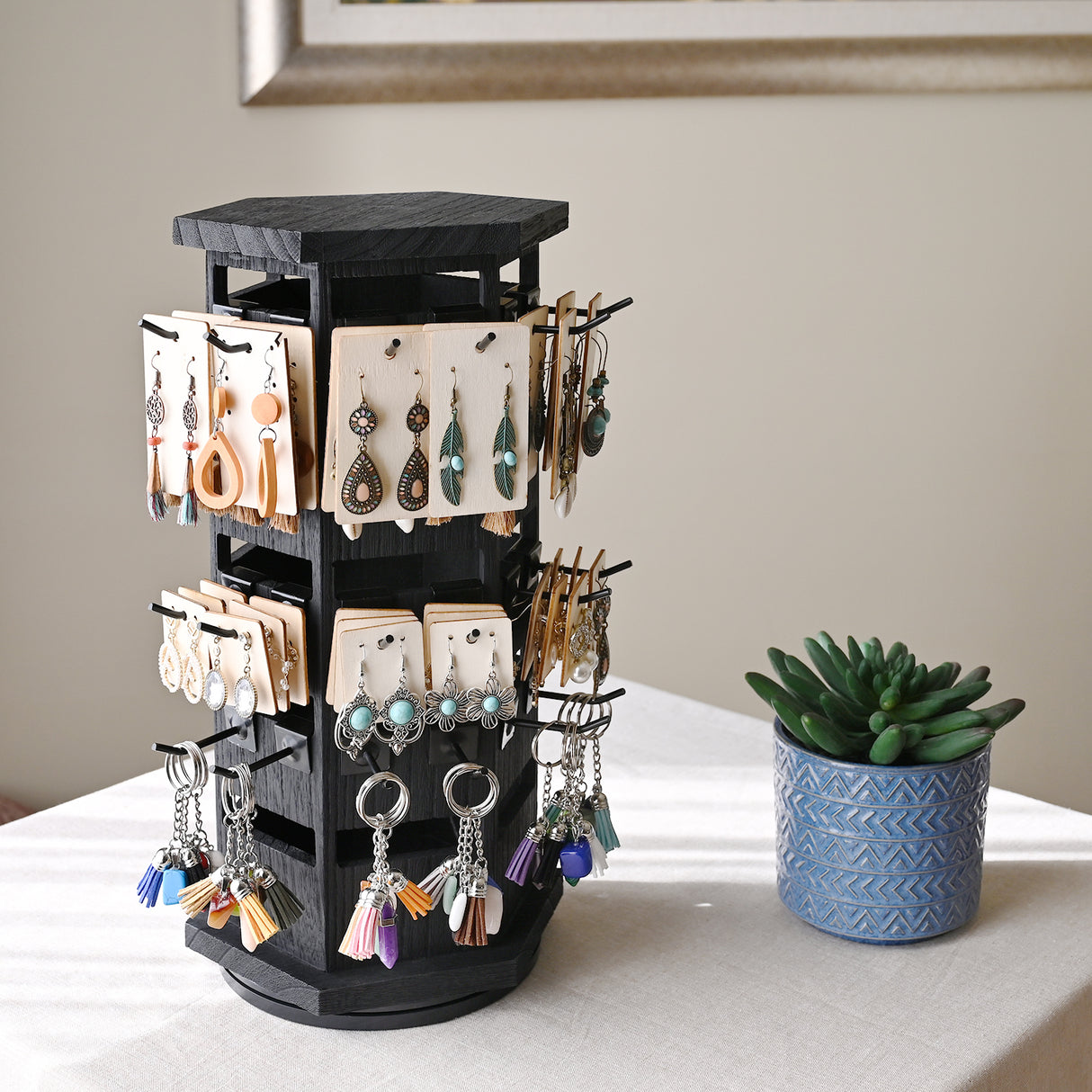 #WD6020 Natural Wood Hexagon Rotating Jewelry Tower