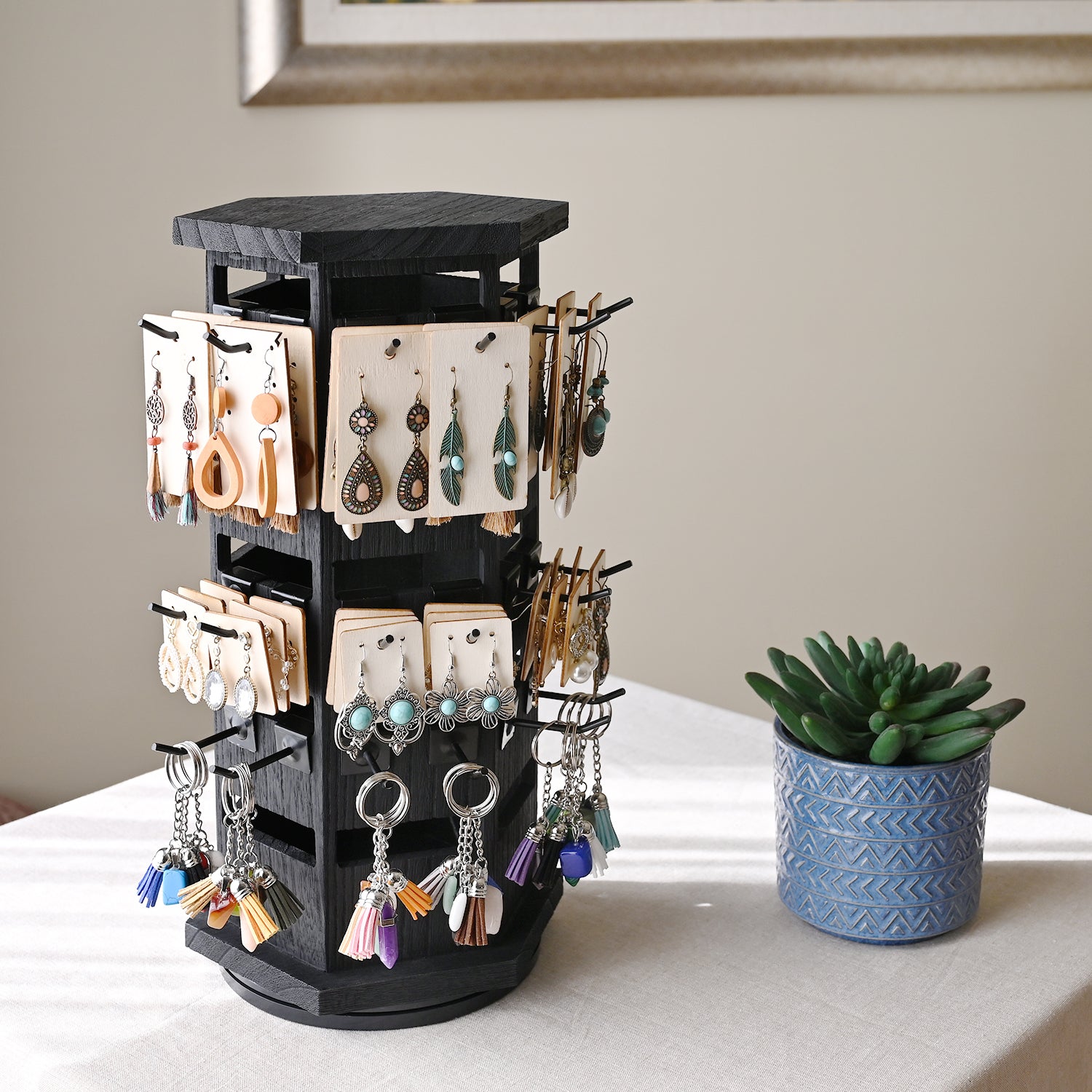 #WD6020 Natural Wood Hexagon Rotating Jewelry Tower