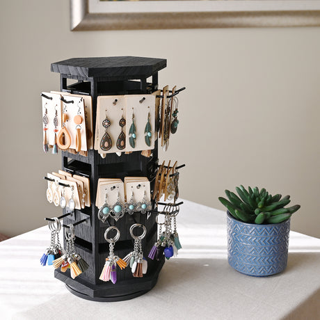 #WD6020 Natural Wood Hexagon Rotating Jewelry Tower
