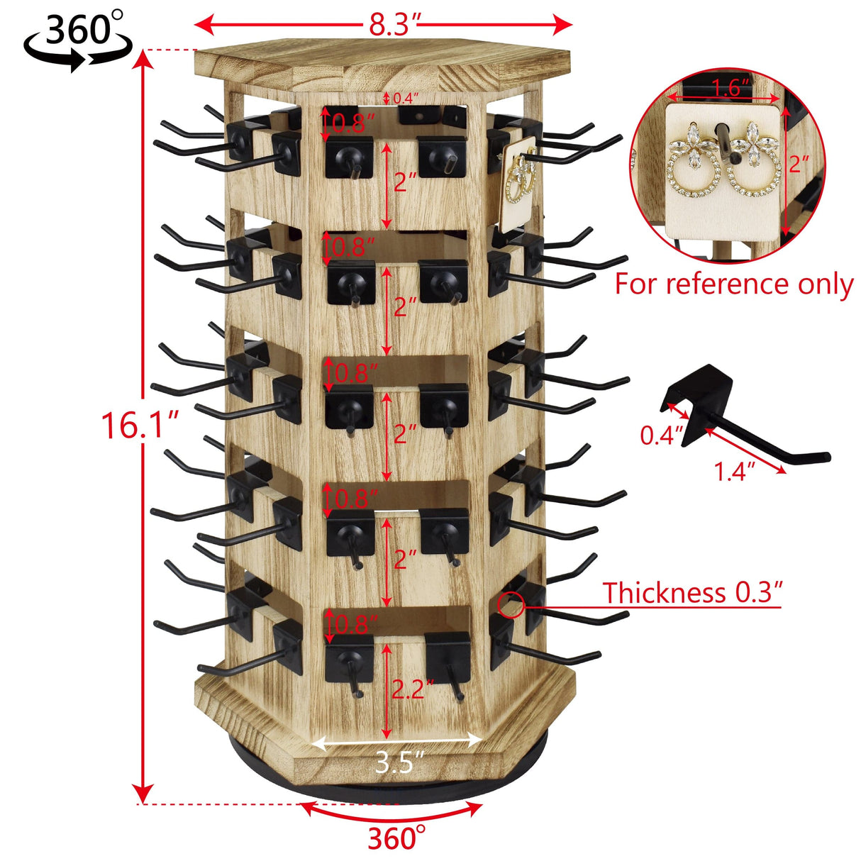 #WD6020 Natural Wood Hexagon Rotating Jewelry Tower