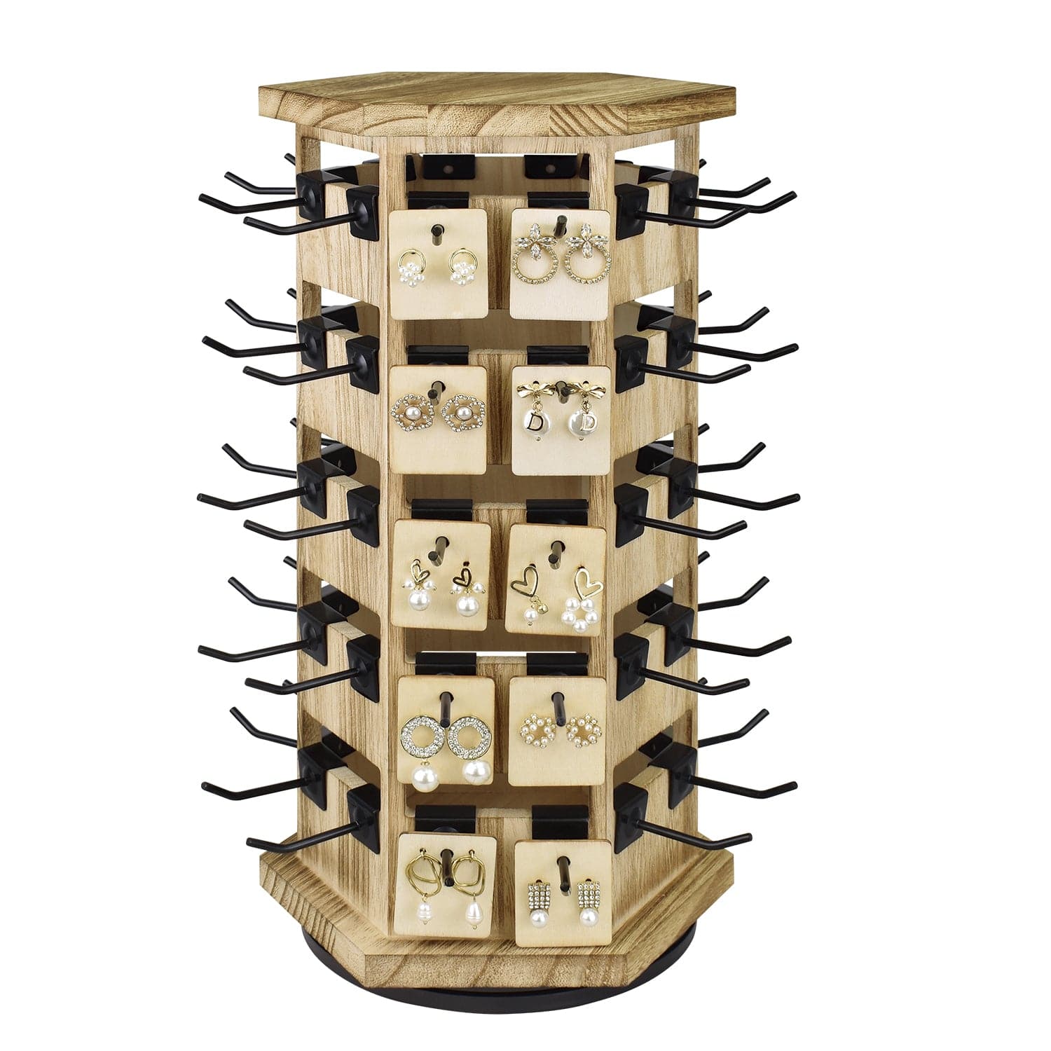 #WD6020 Natural Wood Hexagon Rotating Jewelry Tower