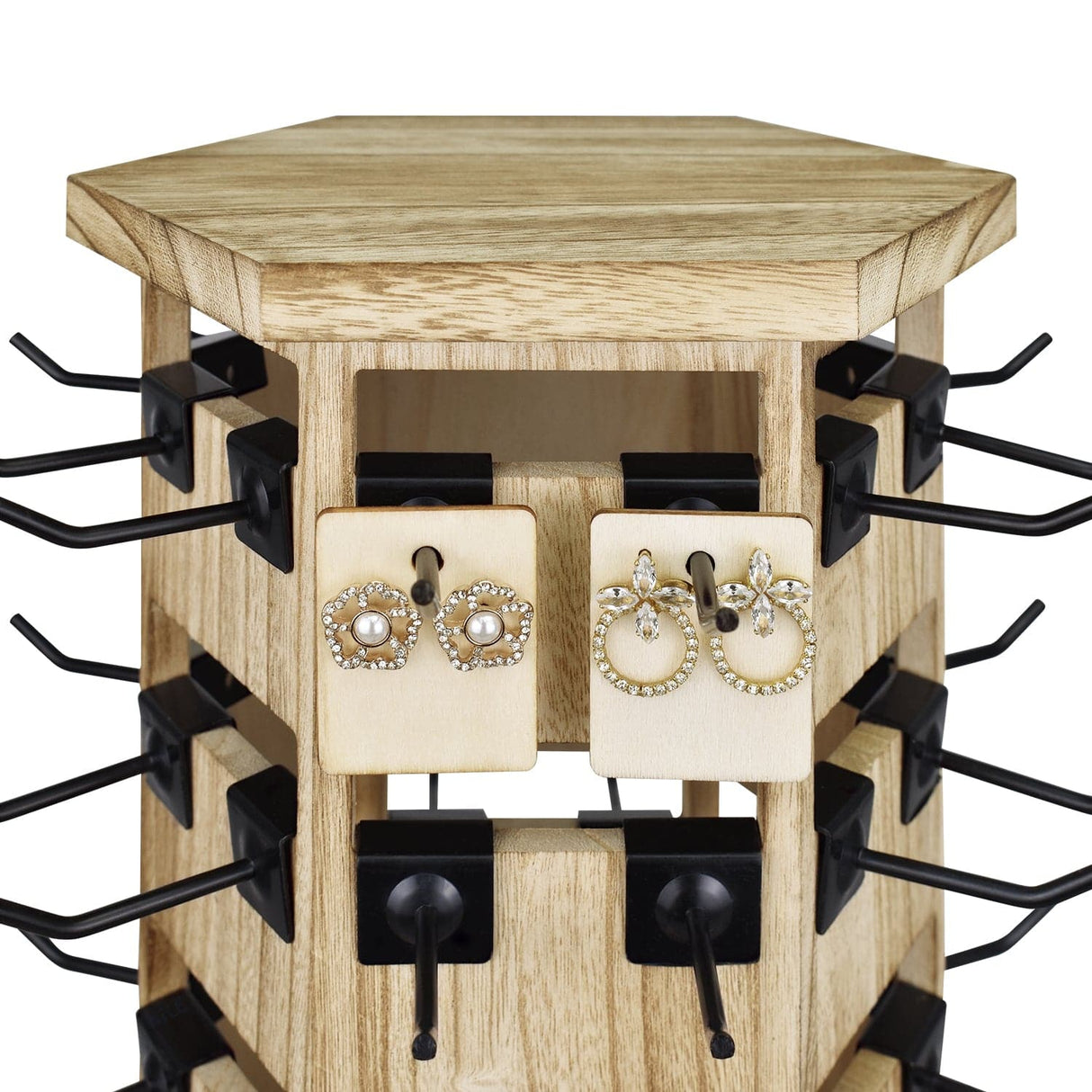 #WD6020 Natural Wood Hexagon Rotating Jewelry Tower