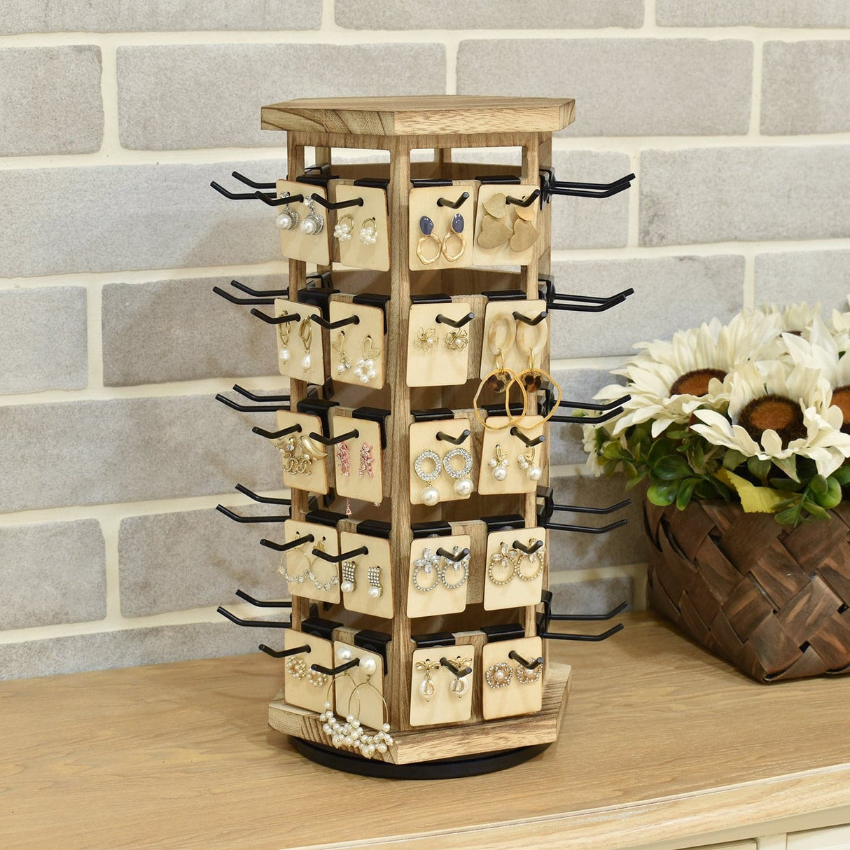 #WD6020 Natural Wood Hexagon Rotating Jewelry Tower