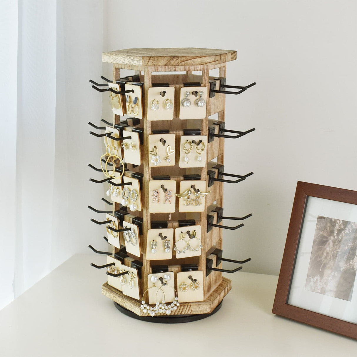 #WD6020 Natural Wood Hexagon Rotating Jewelry Tower