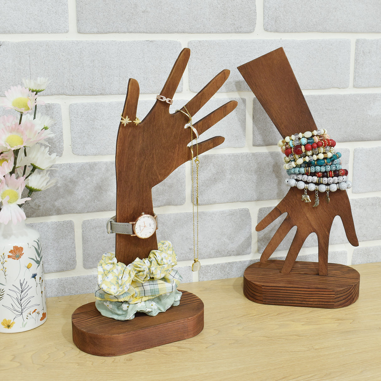 #WD610L-BRX2 2 Pcs Set Multi-Functional Wooden Hand-Shaped Jewelry Display Stand