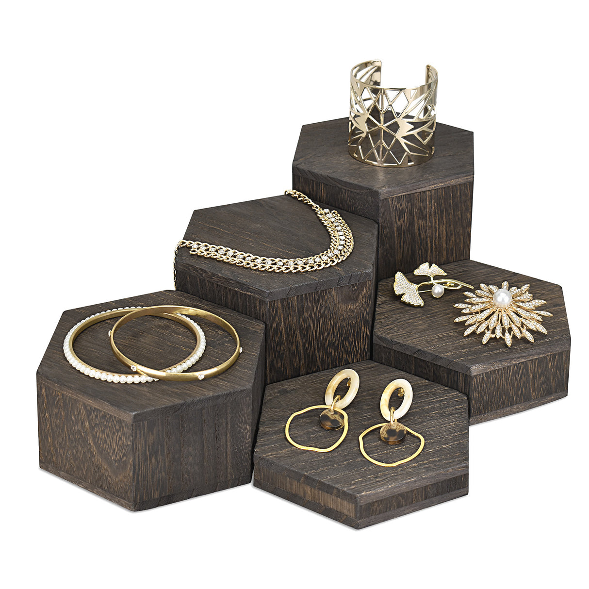 Large Wooden 5 Pcs Hexagon Risers for Display Jewelry and Accessories Display Stand, Dark Brown