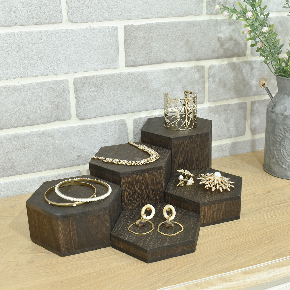 Large Wooden 5 Pcs Hexagon Risers for Display Jewelry and Accessories Display Stand, Dark Brown