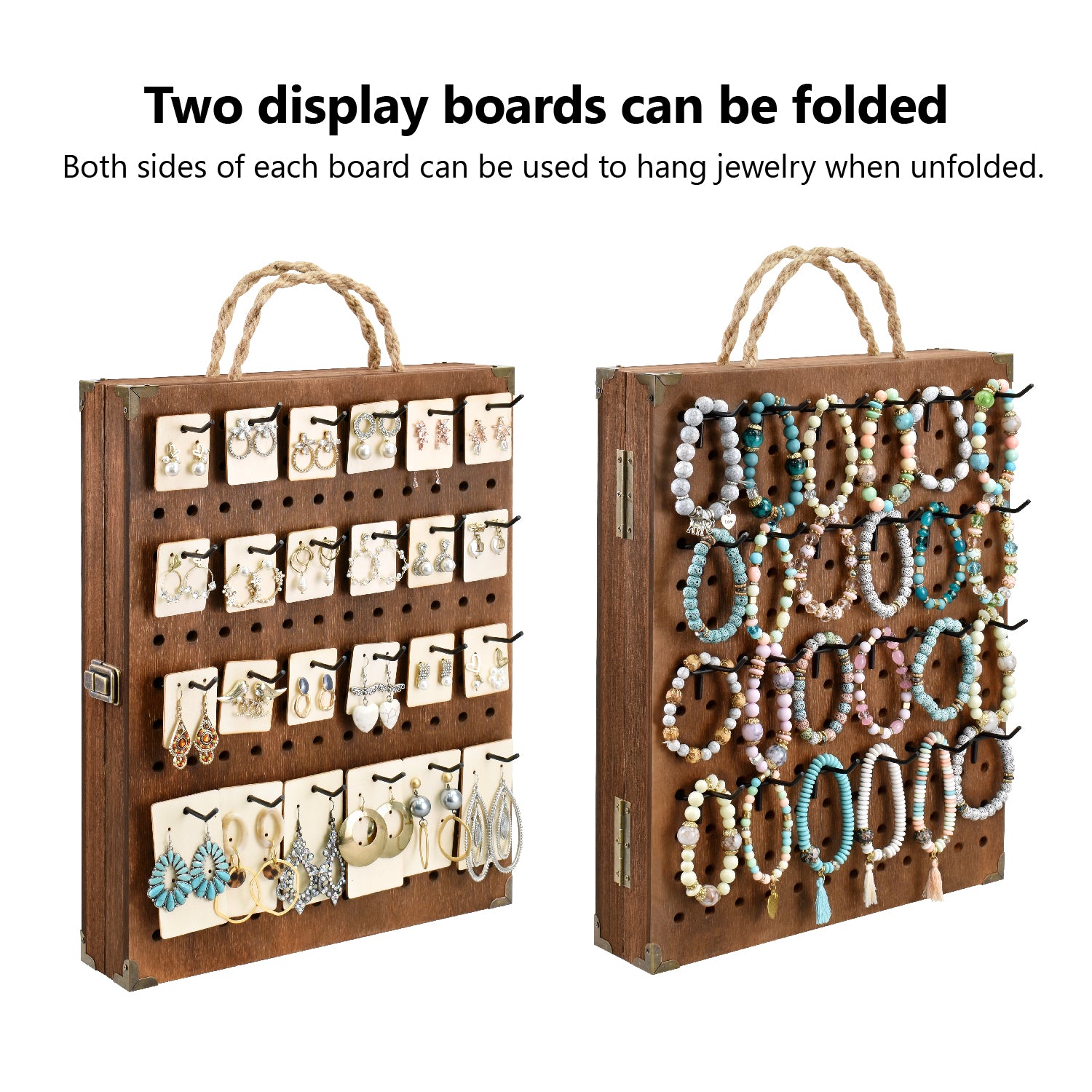#WD7548 Wooden Foldable and Portable 2 Panel Jewelry Pegboard Organizer with 48 Removable Black Hooks