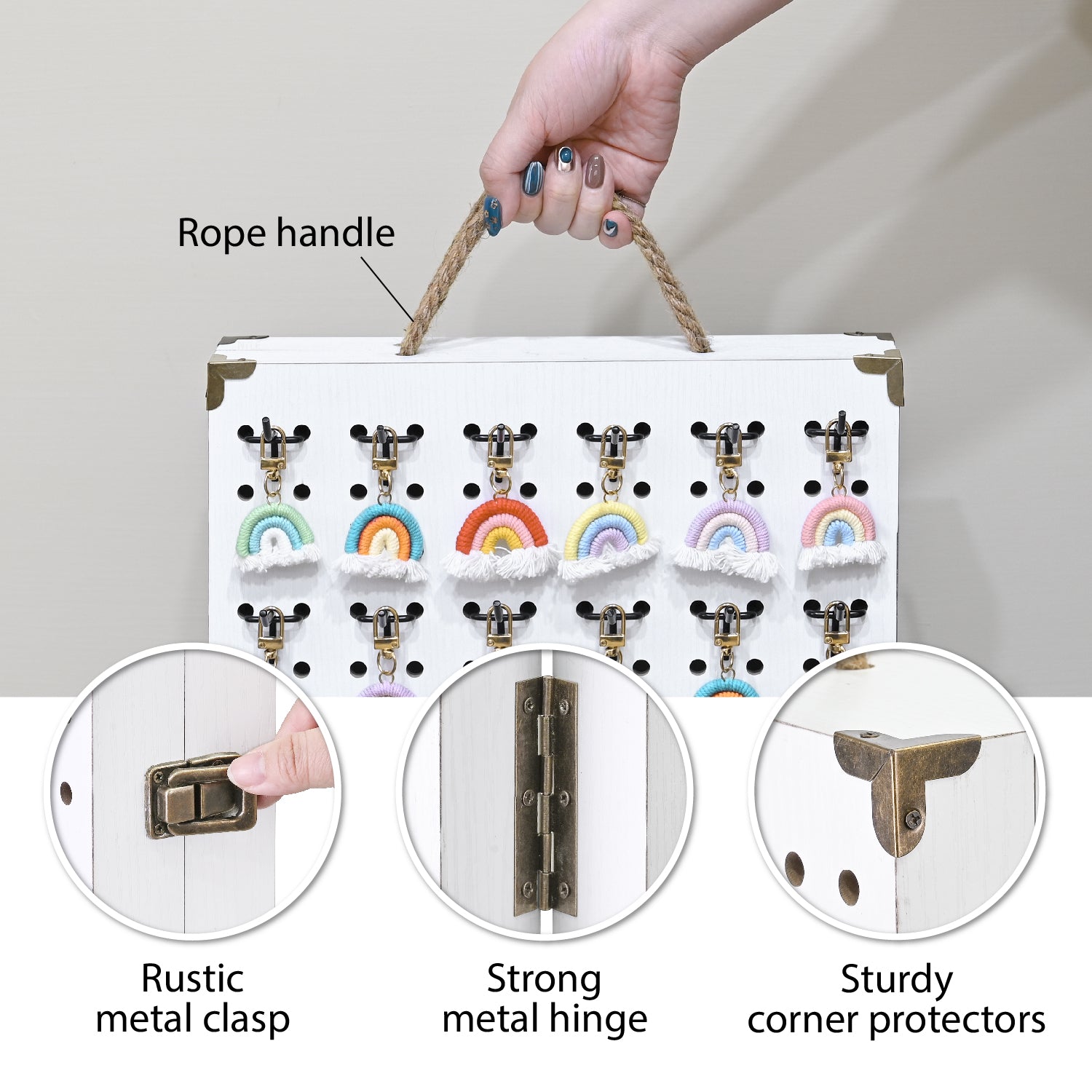 #WD7548 Wooden Foldable and Portable 2 Panel Jewelry Pegboard Organizer with 48 Removable Black Hooks