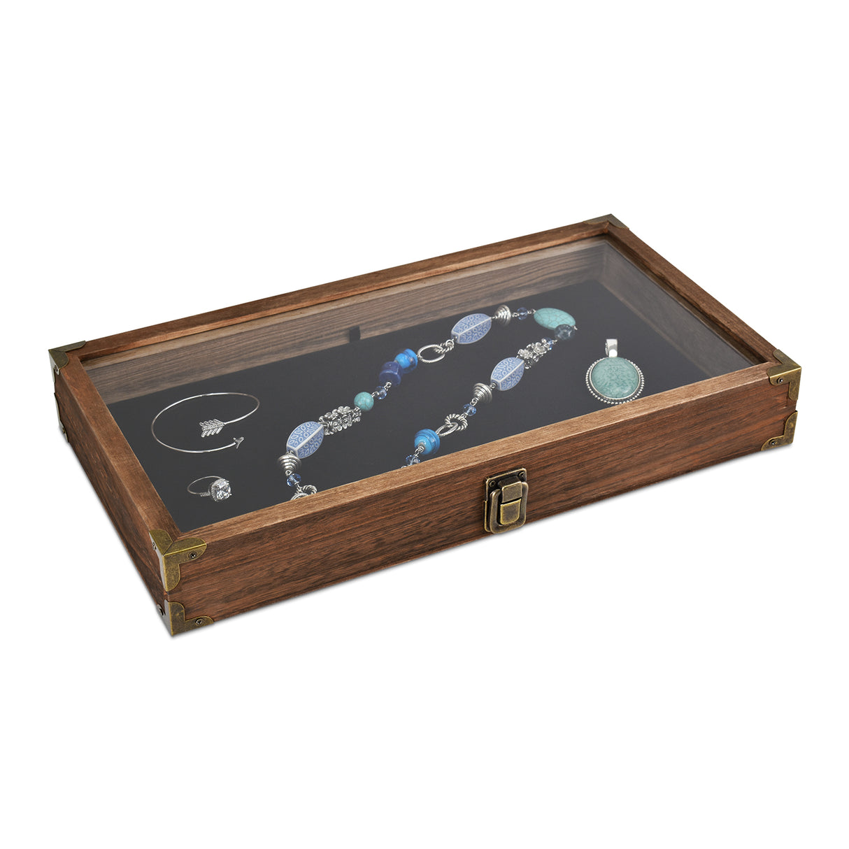 # WD75C-OK+93-1BK Wooden Jewelry Display Case with Black Velvet Pad