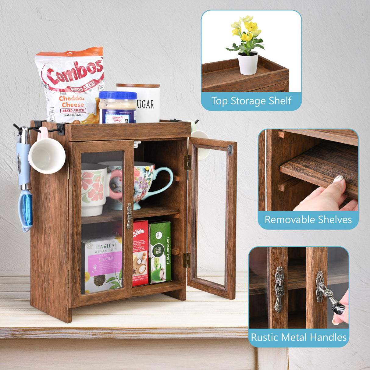 #WD7640 Wooden Countertop Multipurpose Storage Cabinet with Removable Shelves for Kitchen, Vanity, Glass Window Door with 4 Metal Hooks