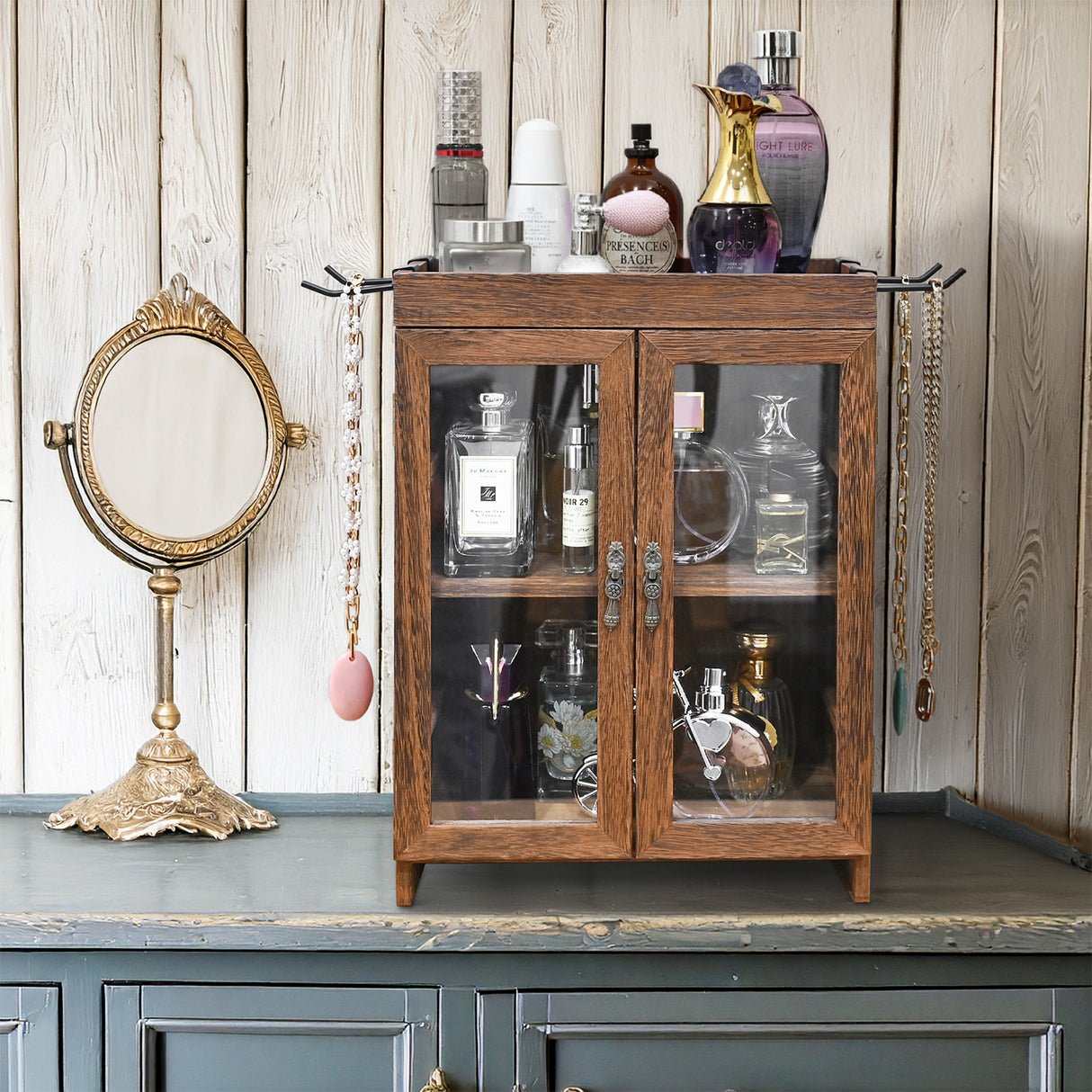 #WD7640 Wooden Countertop Multipurpose Storage Cabinet with Removable Shelves for Kitchen, Vanity, Glass Window Door with 4 Metal Hooks