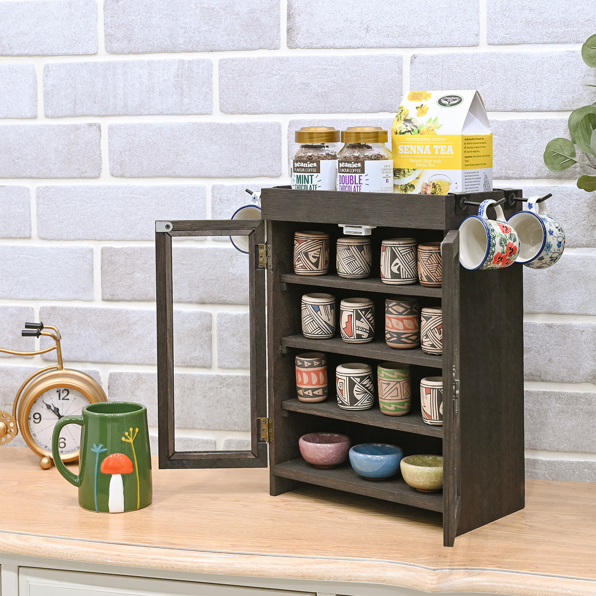 #WD7640 Wooden Countertop Multipurpose Storage Cabinet with Removable Shelves for Kitchen, Vanity, Glass Window Door with 4 Metal Hooks