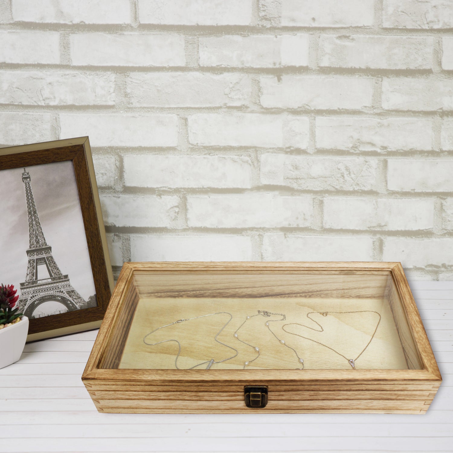 Antique Colored Wooden Jewelry Case with Glass Lid-Nile Corp