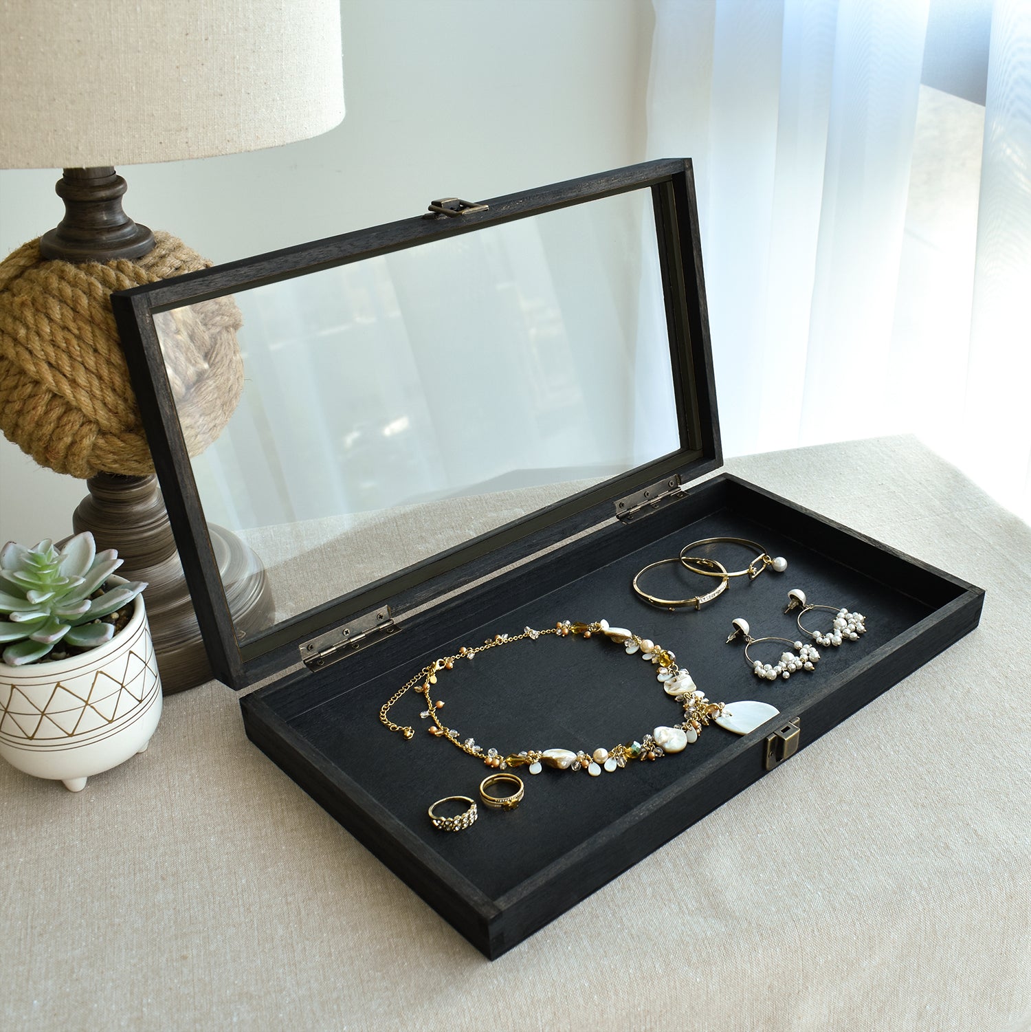 Wooden Jewelry Display Case with Glass Lid-Nile Corp