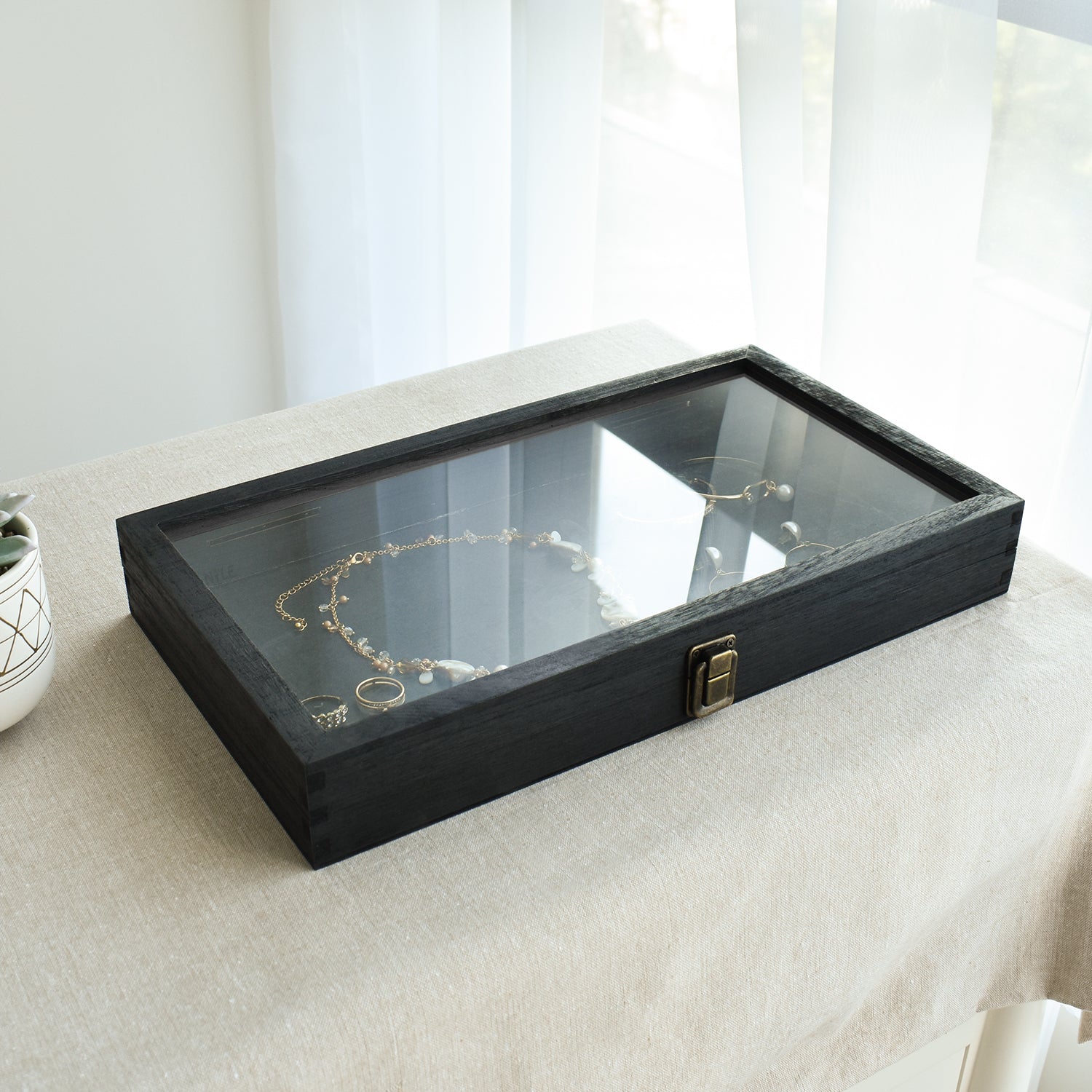 Wooden Jewelry Display Case with Glass Lid-Nile Corp