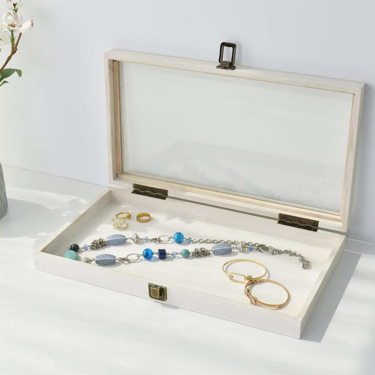 Wooden Jewelry Display Case with Glass Lid-Nile Corp