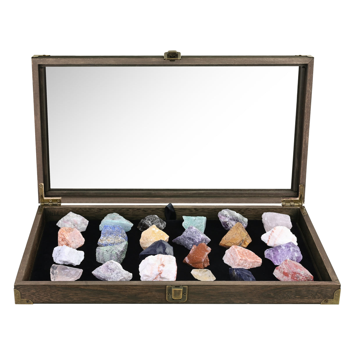 Wooden Tempered Glass Top Jewelry Display Case with Metal Hinge and Removable Black Velvet Pad