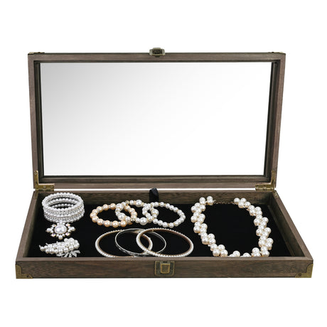 Wooden Tempered Glass Top Jewelry Display Case with Metal Hinge and Removable Black Velvet Pad