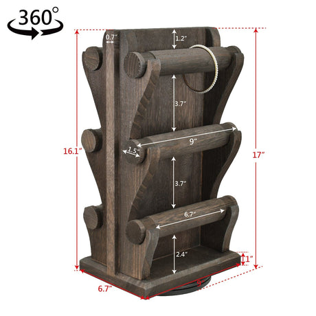 #WD9866 Two-Sided Rotating Wooden Jewelry Bracelet Display Stand-6 Removable Holders, 3 Tier Bar Bangle Organizer-Perfect
