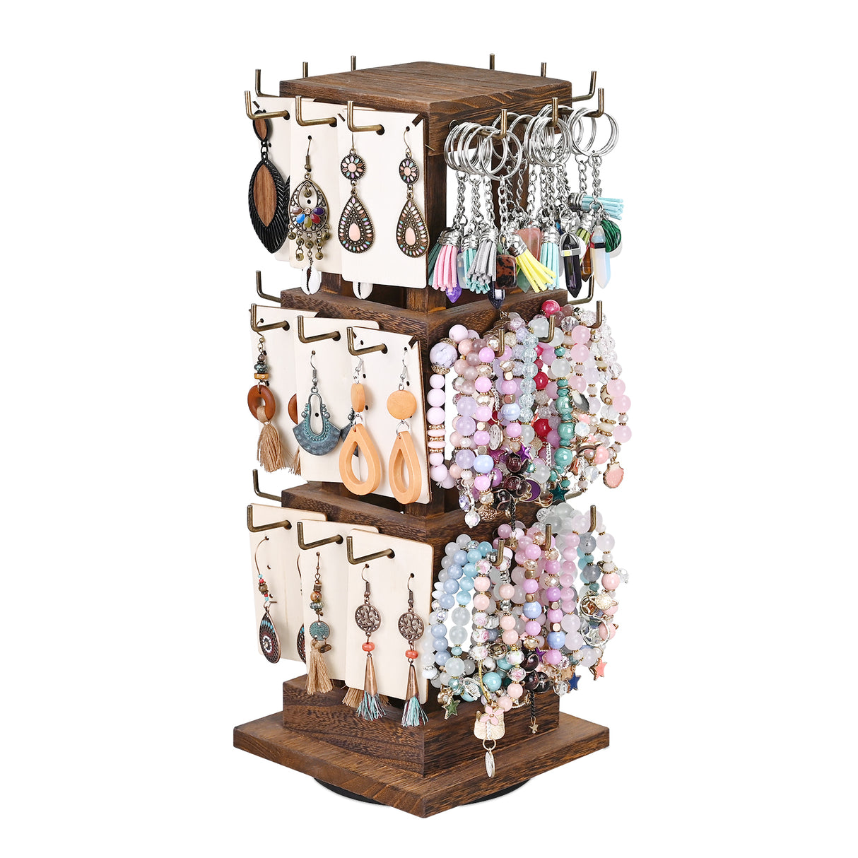 #WDJ5036 Natural Wood Rotating 36 Hooks Jewelry Tower