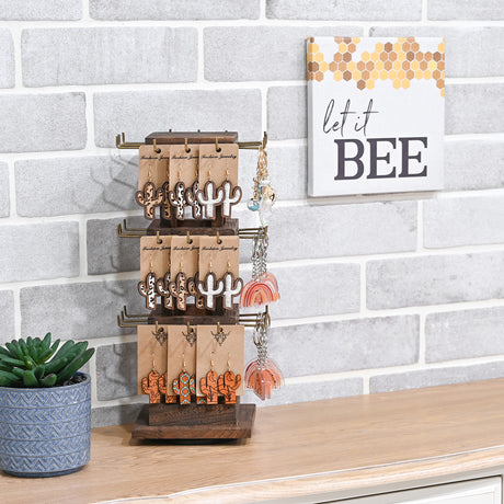 #WDJ5036  Natural Wood Rotating 36 Hooks Jewelry Tower