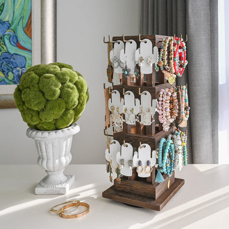 #WDJ5036  Natural Wood Rotating 36 Hooks Jewelry Tower