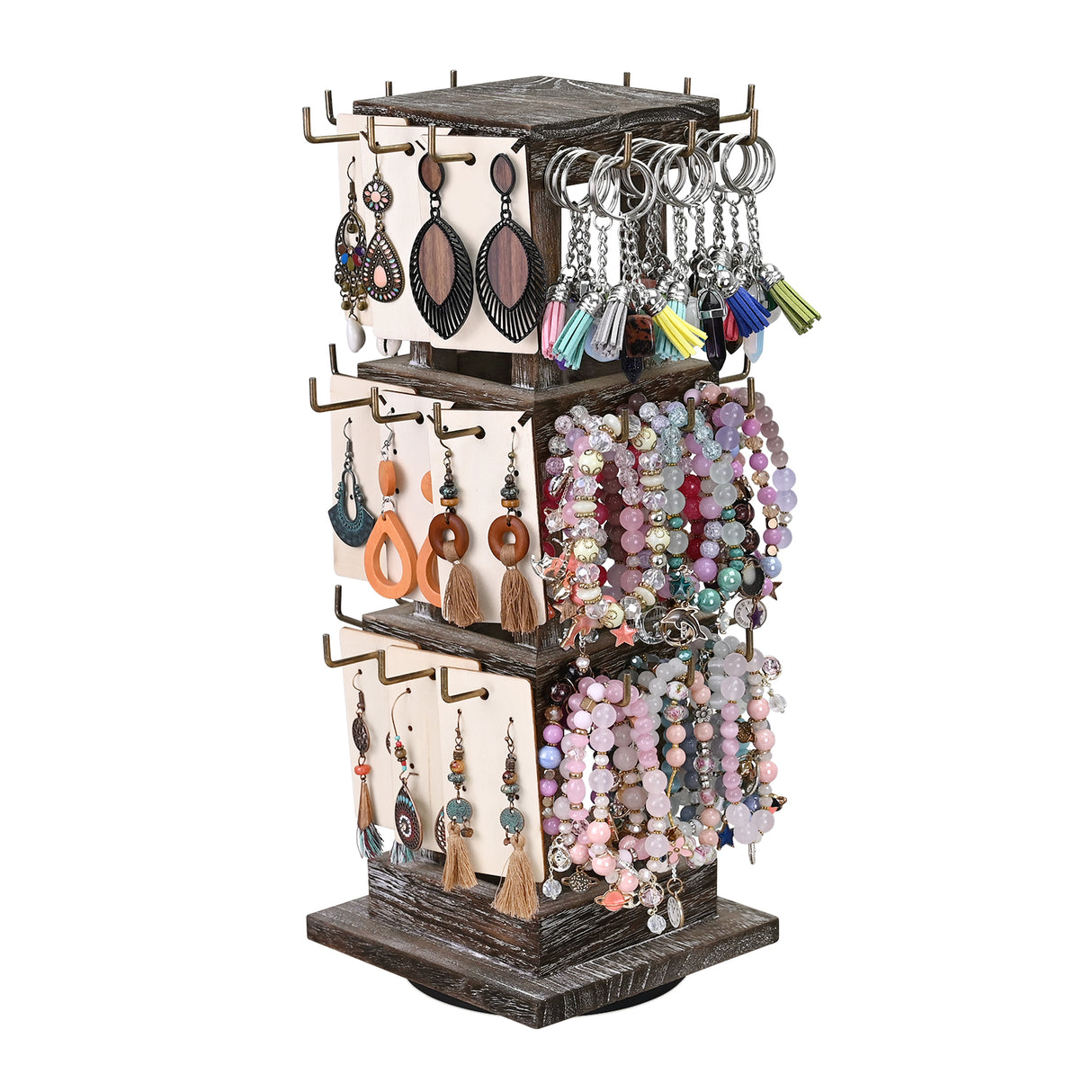 #WDJ5036 Natural Wood Rotating 36 Hooks Jewelry Tower
