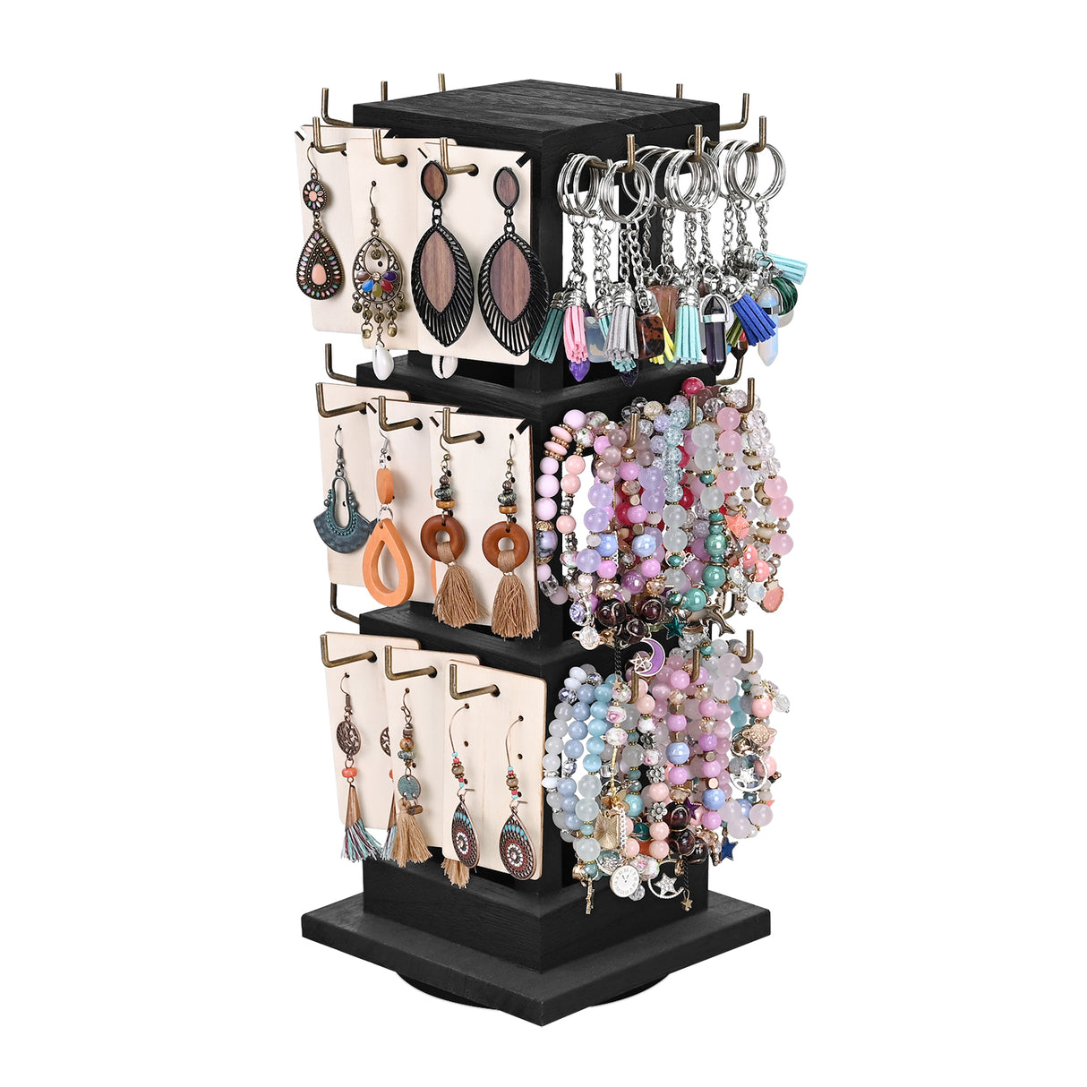 #WDJ5036 Natural Wood Rotating 36 Hooks Jewelry Tower