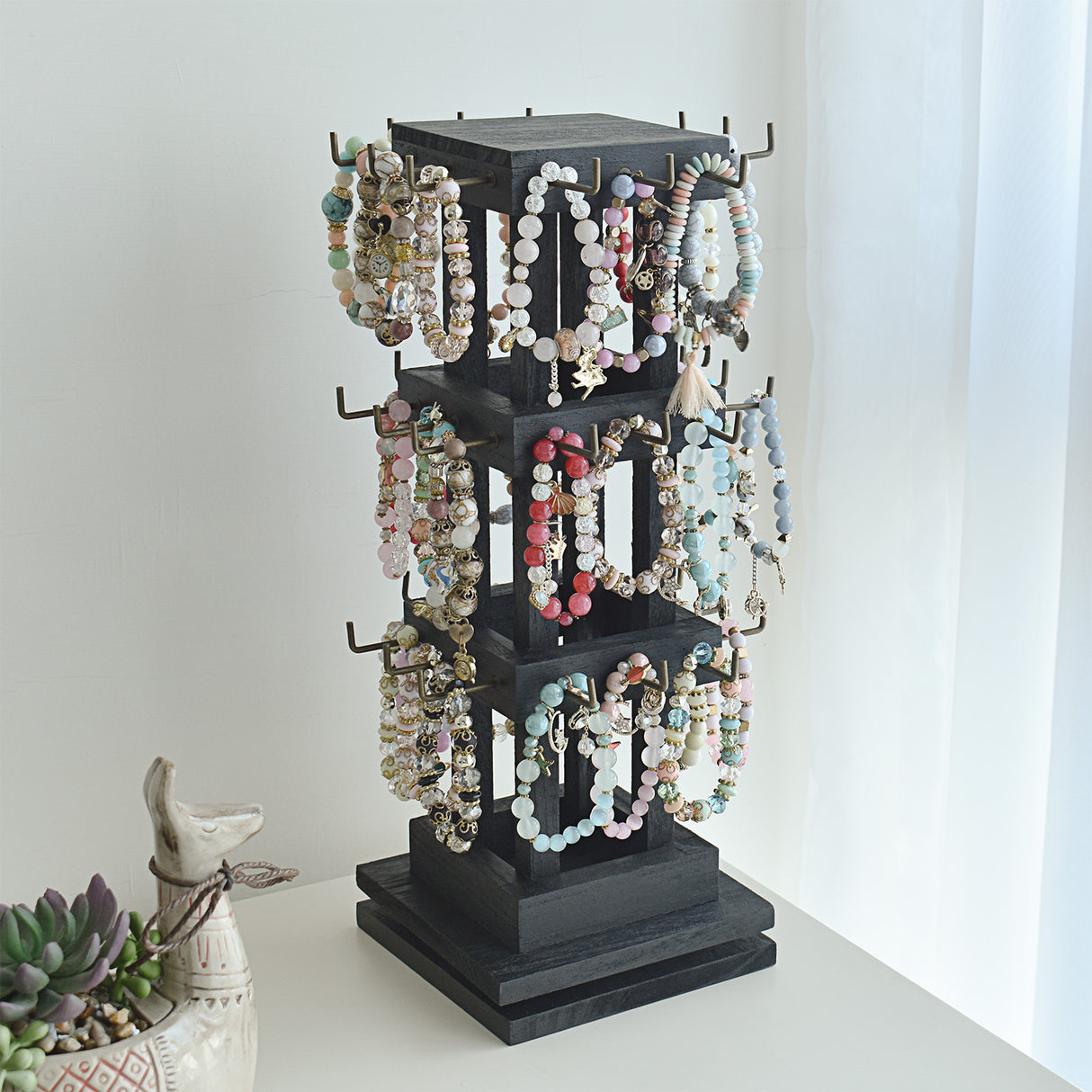 #WDJ5036 Natural Wood Rotating 36 Hooks Jewelry Tower