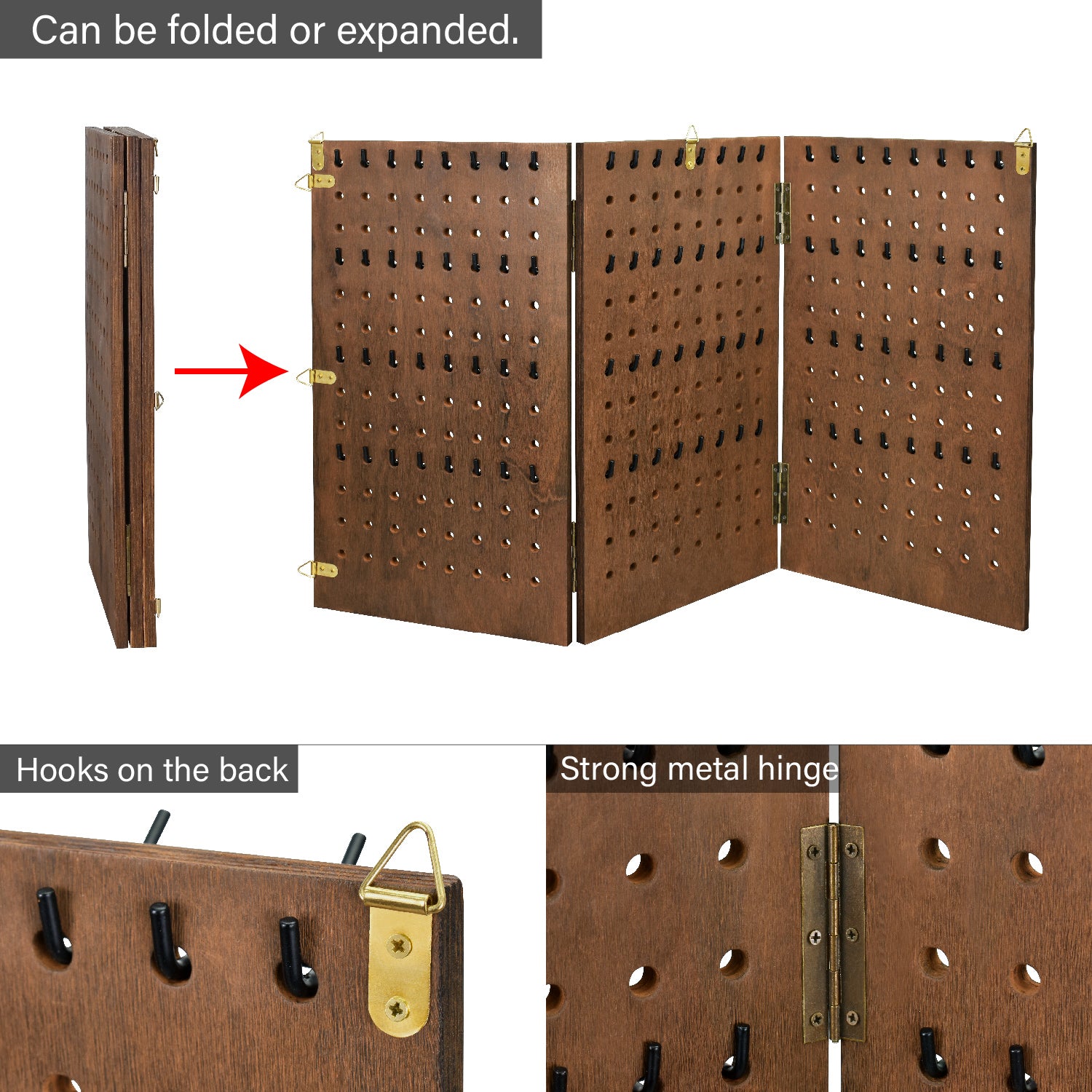 Wooden Foldable 3-Panel Jewelry Pegboard Display with 48 Removable Black Hooks, Brown Color
