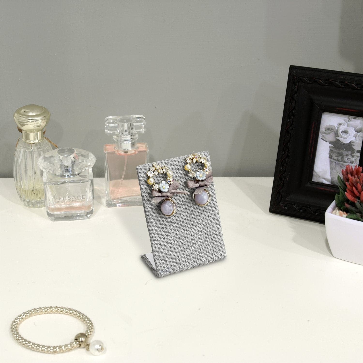 #ED-2140N-N21 Gray Burlap Linen Earring & Pendant Display Stand