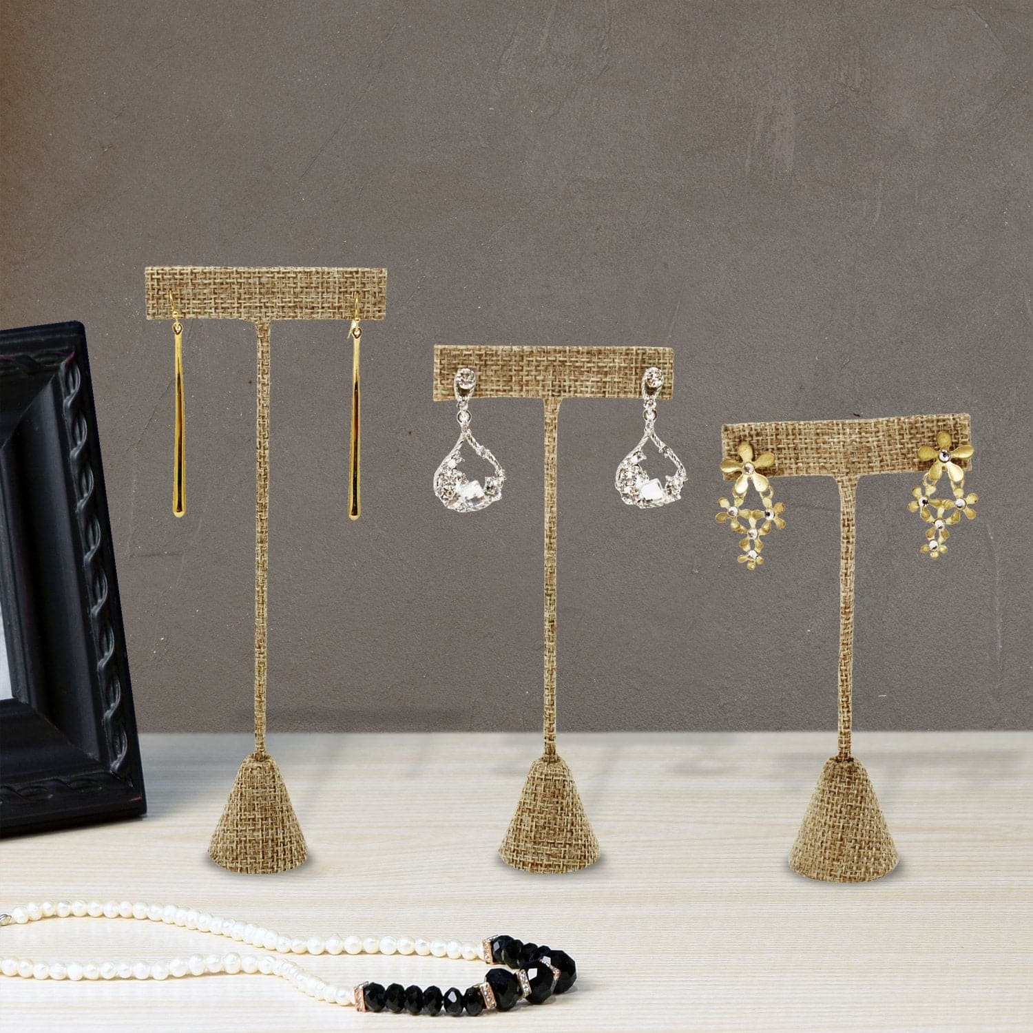 Tall "T" Shape Earring Stand Burlap Linen-Nile Corp