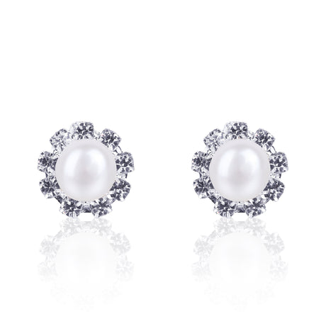 #GIF-6508E Silver Plated Near Round Freshwater Cultured Pearl with Rhinestone Flower Petals Earring