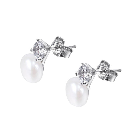 #GIF-P0502E Silver Plated Near Round Freshwater Cultured Pearl with Rhinestone Earrings