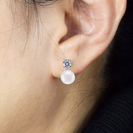 #GIF-P0502E Silver Plated Near Round Freshwater Cultured Pearl with Rhinestone Earrings