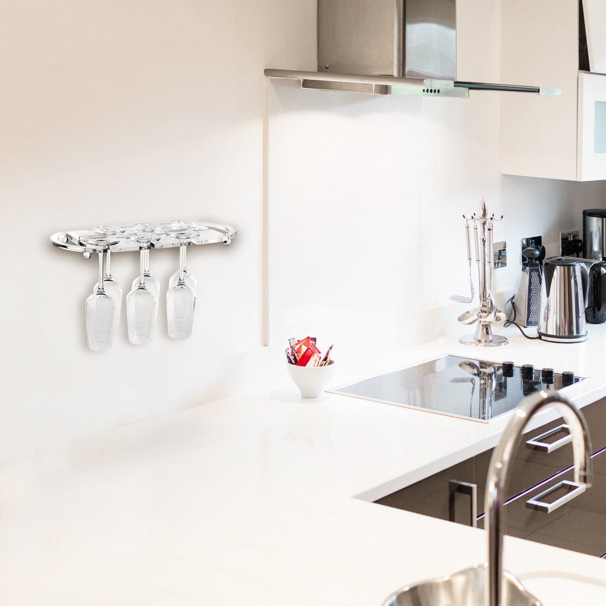 #HW336 Wall Mounted Clear Acrylic Wine Glasses Tray Shelf Rack with Cutout Handles for 6 Glasses