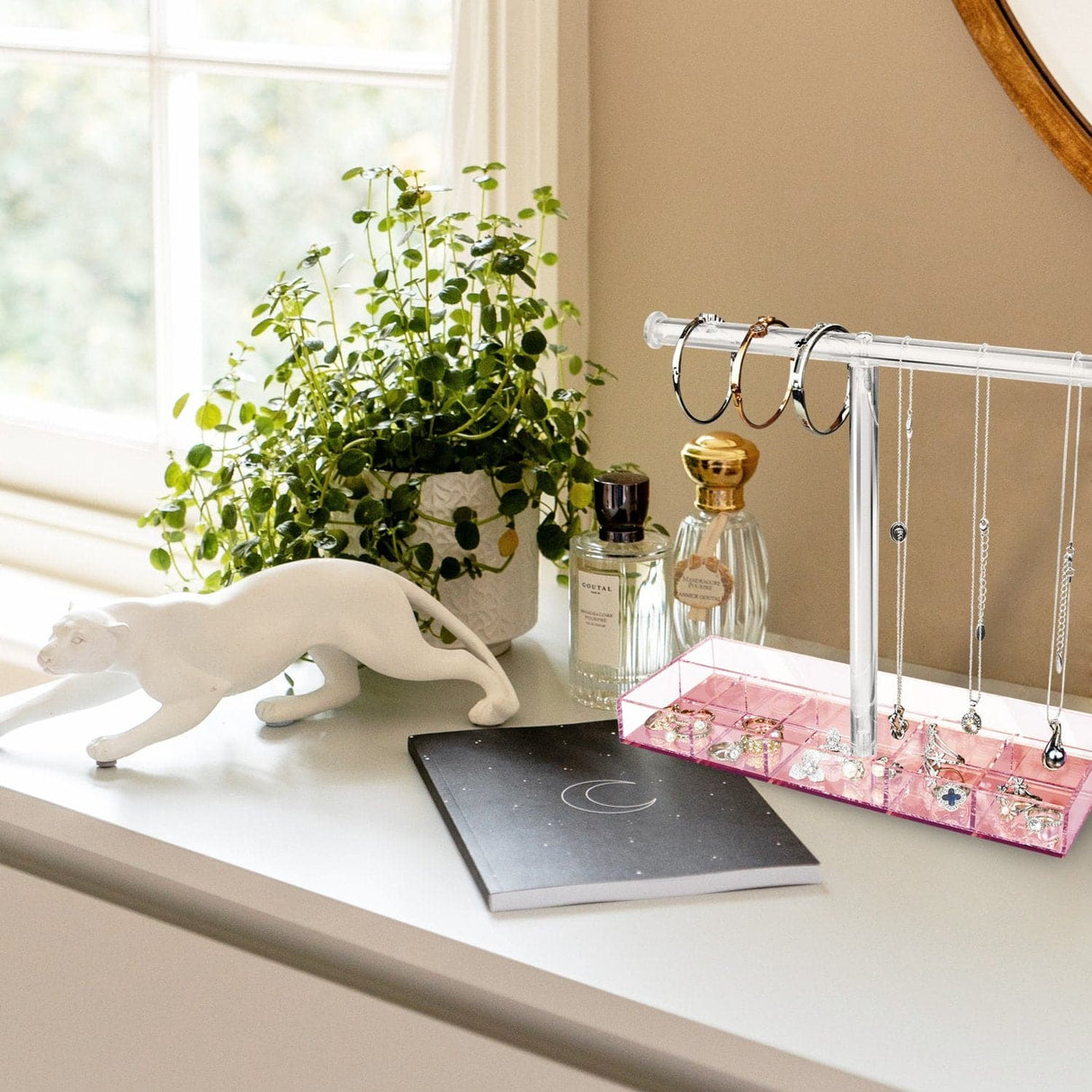 #JWY429-PK Acrylic Rose Gold Mirror Base T-bar Jewelry Display